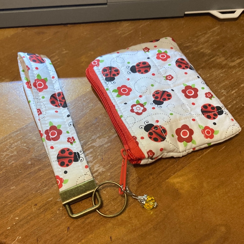 Ladybug Quilted Pattern Coin Purse with matching Wrist Strap